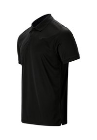 Polo noir à manches courtes avec col et patte de boutonnage à trois boutons, présenté sur un fond blanc.