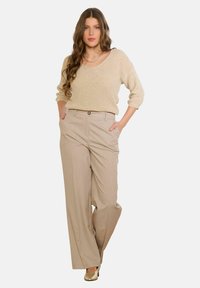 Metāliskās bēša krāsas trikotāžas džemperis ar V veida kaklu un trīs ceturtdaļu piedurknēm, kopā ar brūnganiem augsta vidukļa platajām biksēm ar pogas aizdari.