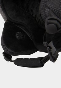 Black padded strap with mesh texture and adjustable buckle. Features a soft interior and a small circular accent near the seam.