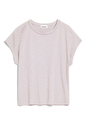 Kurzärmeliges T-Shirt mit hellrosa und weißen horizontalen Streifen, rundem Ausschnitt und Raglanärmeln, flach aufgelegt.