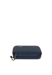 Custodia blu navy con zip, dal rivestimento in tessuto testurizzato, forma rettangolare e una toppa con logo rosso e bianco sulla parte anteriore.