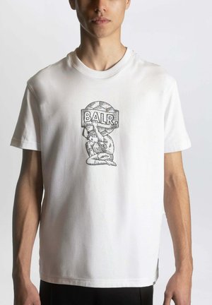 Witte katoenen t-shirt met een zwart grafisch ontwerp, inclusief de tekst "BALR." en een illustratie van een speler, korte mouwen, ronde hals.