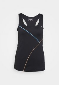 Svart linne med rund hals, prydd med böjda blå och beige linjer. Tillverkat av mjukt tyg, med Fila-logotyp på bröstet.