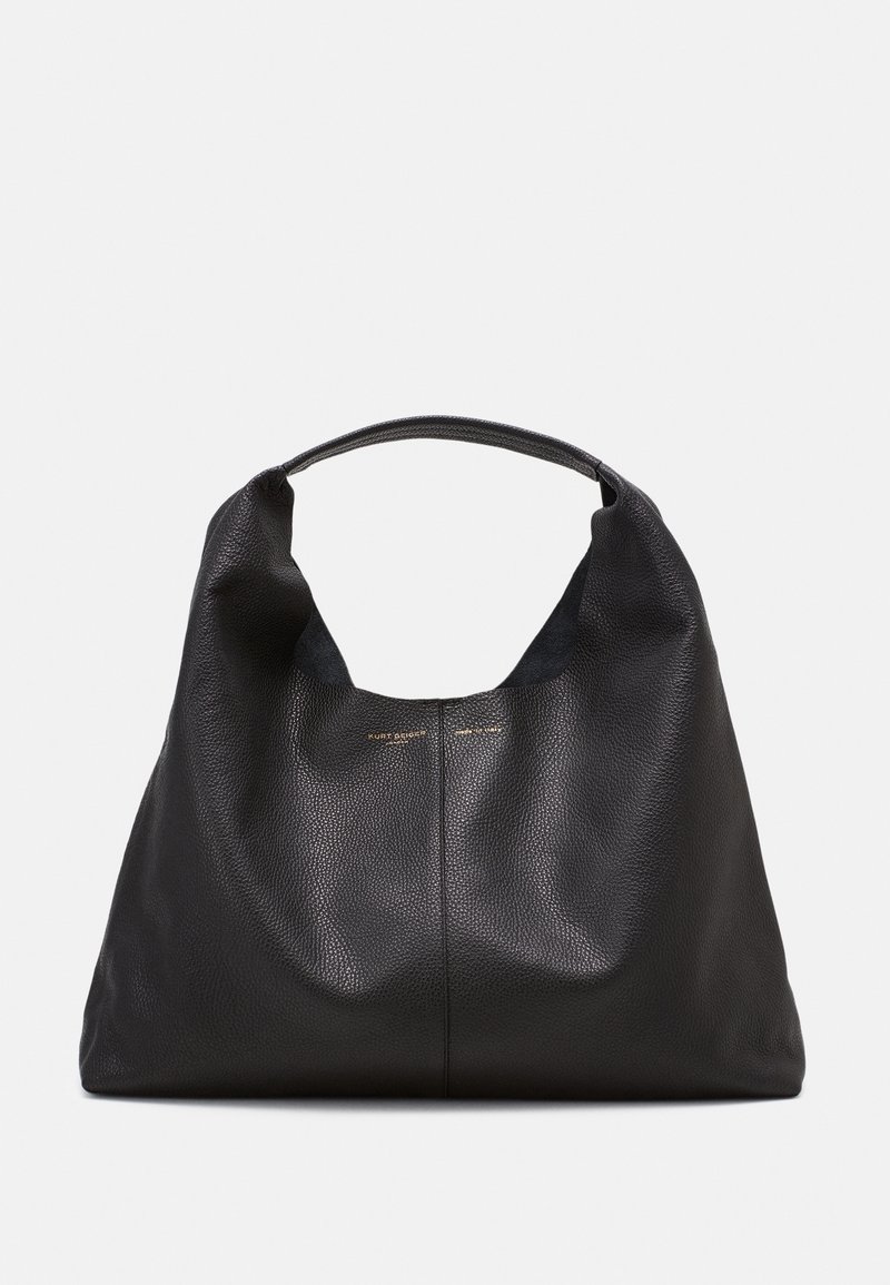 Sac hobo en cuir texturé noir avec une poignée supérieure unique et un logo doré subtil au centre avant.