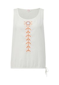 Haut blanc sans manches avec motif floral brodé orange et motif de feuilles. Tissu doux avec cordon de serrage ajustable à l'ourlet.