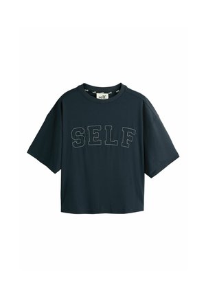 Black cropped t-shirt with short sleeves and the word "SELF" stitched in large outlined letters across the chest.