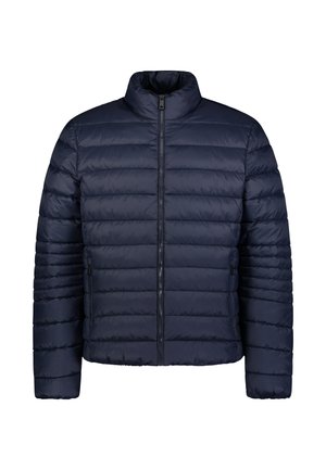 Marineblaue Steppjacke mit hohem Kragen, horizontalem Steppmuster, durchgehendem Reißverschluss und zwei seitlichen Taschen. Glatte, gesteppten Textur.