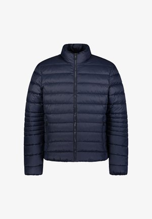 Marineblaue Steppjacke mit hohem Kragen, horizontalem Steppmuster, durchgehendem Reißverschluss und zwei seitlichen Taschen. Glatte, gesteppten Textur.