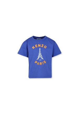T-shirt en coton bleu avec un graphique de la Tour Eiffel blanche et un texte orange qui dit "KENZO PARIS" au-dessus et "1970" en dessous.