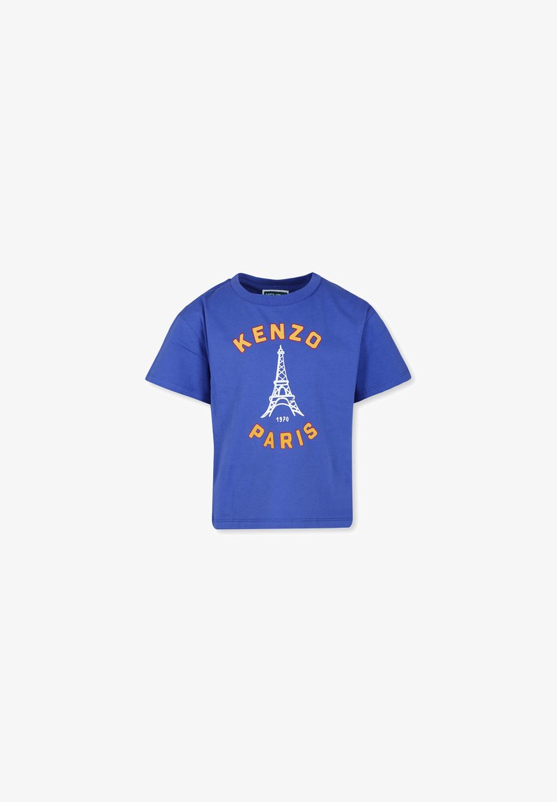 T-shirt en coton bleu avec un graphique de la Tour Eiffel blanche et un texte orange qui dit "KENZO PARIS" au-dessus et "1970" en dessous.