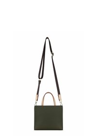 Borsa a mano in pelle verde oliva con forma rettangolare, manici superiori corti e tracolla staccabile marrone scuro. Superficie texture, design minimal.