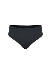 Bas de bikini noir en tissu lisse et extensible. Présente une taille mi-haute et un design épuré, sans ornement ni matériel visible.
