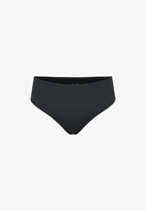Bas de bikini noir en tissu lisse et extensible. Présente une taille mi-haute et un design épuré, sans ornement ni matériel visible.