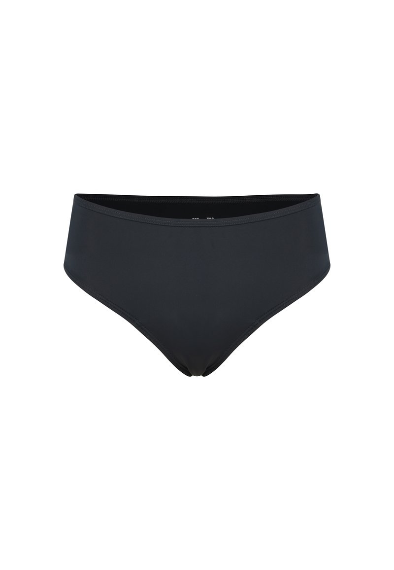Bas de bikini noir en tissu lisse et extensible. Présente une taille mi-haute et un design épuré, sans ornement ni matériel visible.