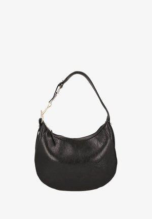 Borsa a mano in pelle sintetica nera con forma curva, tracolla singola e cerniera superiore. Presenta una finitura testurizzata e accessori in metallo.