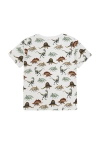 Kortærmet bomulds-T-shirt med et gentagende dinosaurtryk i jordnuancer på en hvid baggrund. Normal pasform, rund halsudskæring.