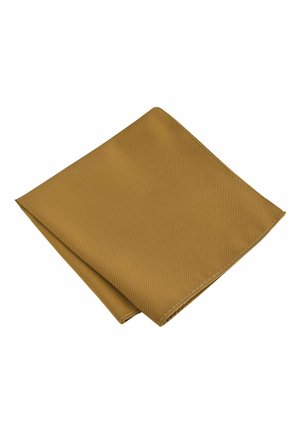 Brown silk pocket square, neatly folded, features a smooth texture with a subtle sheen. Edges are stitched. Measures approximately 12 inches.