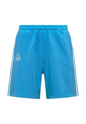Pantaloncini sportivi Kappa di un brillante blu con strisce laterali bianche, vita elasticizzata e chiusura con coulisse su sfondo bianco.