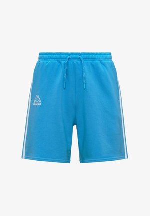 Pantaloncini sportivi Kappa di un brillante blu con strisce laterali bianche, vita elasticizzata e chiusura con coulisse su sfondo bianco.