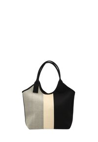 Gran bolsa tote que presenta una combinación de materiales en negro, beige y gris. Superficie de lienzo texturizado con dos asas resistentes.