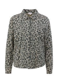 Floral button-up shirt in dark green with cream small flower patterns, collar, long sleeves, and a curved hemline. Soft fabric texture.