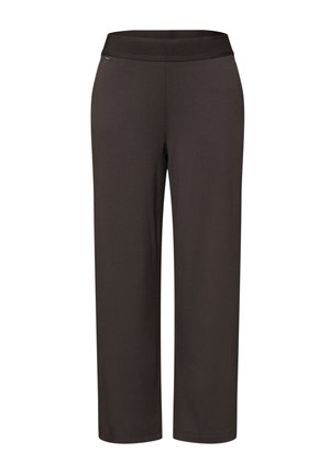 Pantalon droit marron foncé avec taille élastique et poches latérales zippées dissimulées, présenté sur fond blanc.