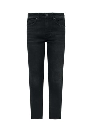 Jeans in denim nero con una forma aderente, dotati di cinque tasche, chiusura a bottone e leggere sfumature nella parte anteriore per un effetto materico.