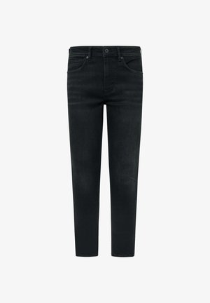 Zwarte denim jeans met een fitted pasvorm, voorzien van vijf zakken, een knoopsluiting en subtiele vervaging aan de voorkant voor textuur.