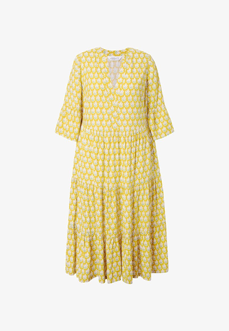 Mustard Yellow Robe Studio Untold ABSTRAKTER BLÄTTER-PRINT 3/4-ÄRMEL VOLANTS - Robe de jour ...