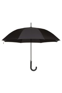 Czarny parasol z zaokrąglonym uchwytem w kształcie haka, solidnym metalowym stelażem i gładkim materiałowym daszkiem. Prosty i praktyczny design do ochrony przed deszczem.