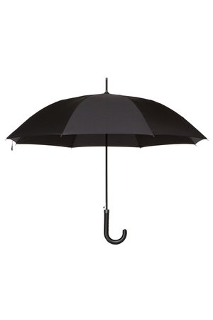 Czarny parasol z zaokrąglonym uchwytem w kształcie haka, solidnym metalowym stelażem i gładkim materiałowym daszkiem. Prosty i praktyczny design do ochrony przed deszczem.