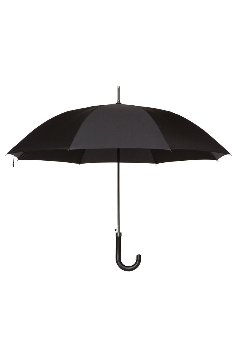 Czarny parasol z zaokrąglonym uchwytem w kształcie haka, solidnym metalowym stelażem i gładkim materiałowym daszkiem. Prosty i praktyczny design do ochrony przed deszczem.