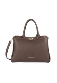 Borsa a tracolla in pelle marrone con superficie testurizzata, doppio manico, tracolla removibile, accessori in oro e logo impresso sul davanti.