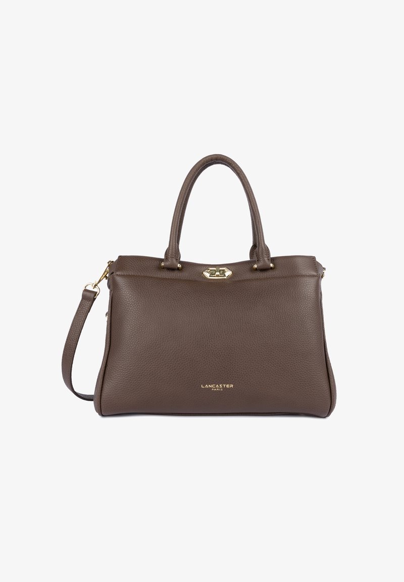 Borsa a tracolla in pelle marrone con superficie testurizzata, doppio manico, tracolla removibile, accessori in oro e logo impresso sul davanti.