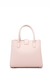 Borsa a mano in pelle rosa con un design strutturato, dotata di due manici corti, una chiusura superiore a scatto e dettagli in oro sui piedini.