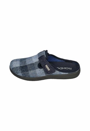 Felt clogs featuring a blue and navy check pattern, with a Velcro strap and a black rubber sole for added grip and stability.