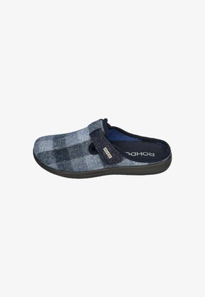 Felt clogs featuring a blue and navy check pattern, with a Velcro strap and a black rubber sole for added grip and stability.