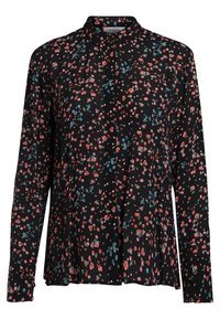 Svart långärmad skjorta med ett blommönster i rosa och blått. Har en krage och knappstängning framtill. Tillverkad av lättviktsmaterial.