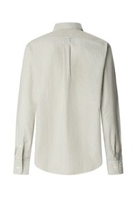 Chemise à manches longues rayée vert clair et blanc avec un col standard et des poignets à boutons. Comprend un empiècement au dos et un pli décoratif.