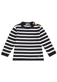 Maglione a maniche lunghe a righe con strisce blu navy e bianche, scollatura tonda, bottoni dorati sulla spalla e una toppa con logo sul fondo.