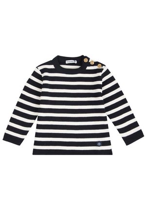 Pull à manches longues rayé avec des bandes bleu marine et blanches, col rond, boutons dorés à l'épaule et un patch logo en bas.