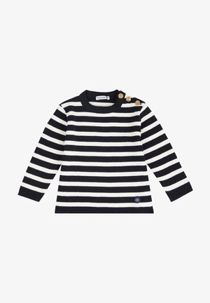 Pull à manches longues rayé avec des bandes bleu marine et blanches, col rond, boutons dorés à l'épaule et un patch logo en bas.