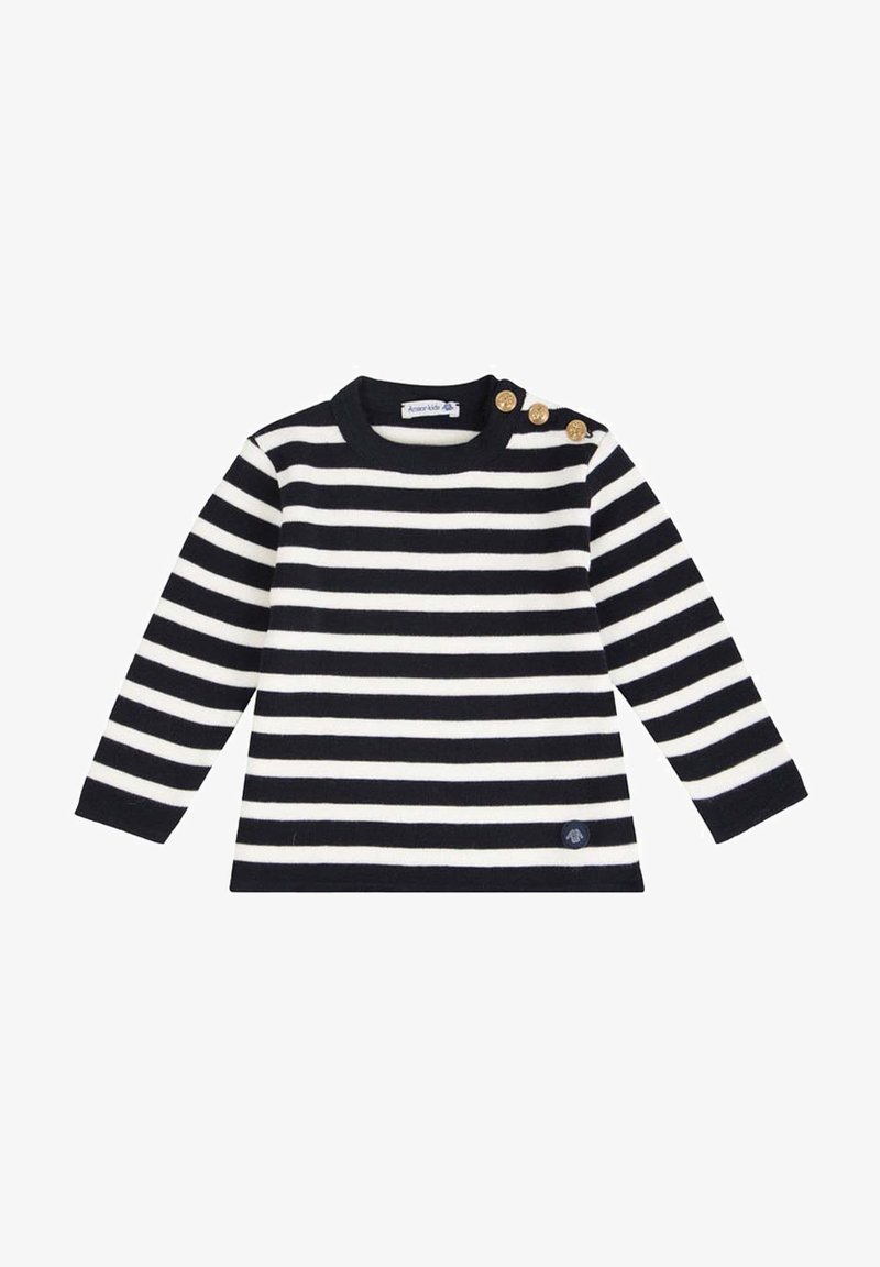 Pull à manches longues rayé avec des bandes bleu marine et blanches, col rond, boutons dorés à l'épaule et un patch logo en bas.