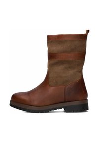 Bruine leren enkellaarzen met een suede bovenwerk, voorzien van twee horizontale leren banden, een gestructureerde afwerking en een stevige zwarte rubberen zool.