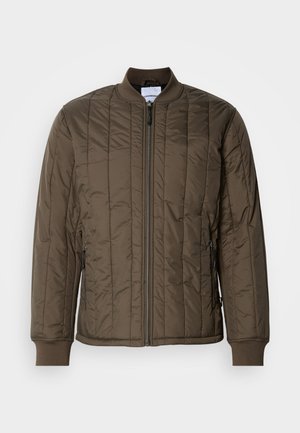 Quilted bomber jacket in dark olive green, featuring a zip front, ribbed cuffs, and two side pockets. Smooth, lightweight material.