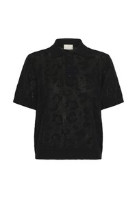 Černé pletené polo tričko s krátkým rukávem, jemným leopardím vzorem, žebrovanými manžetami, knoflíkovou légou a límcem.