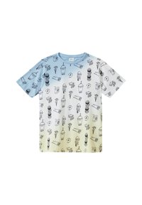 Korte mouwen shirt met een lichtblauwe verloop, met zwarte illustraties van voedingsmiddelen zoals ijs, drankjes en sushi op een witte achtergrond.