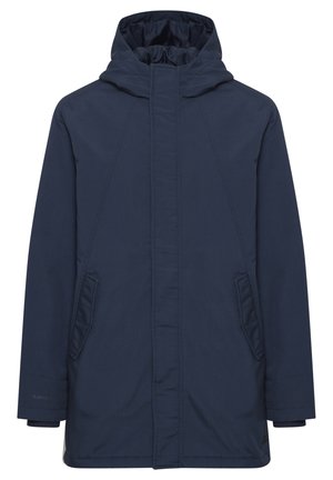 Parka impermeabile blu navy con colletto alto, tasche frontali e zip nascosta. Caratterizzato da una texture liscia e linee di design minimal.