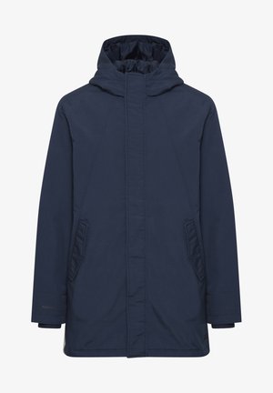 Navy blue waterproof parka coat with a high collar, front pockets, and concealed zip. Features a smooth texture and minimal design lines.