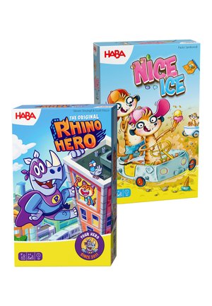 Two colorful board game boxes: "The Original Rhino Hero" with a superhero rhino climbing a building, and "Nice Ice" with cheerful animals in a car.